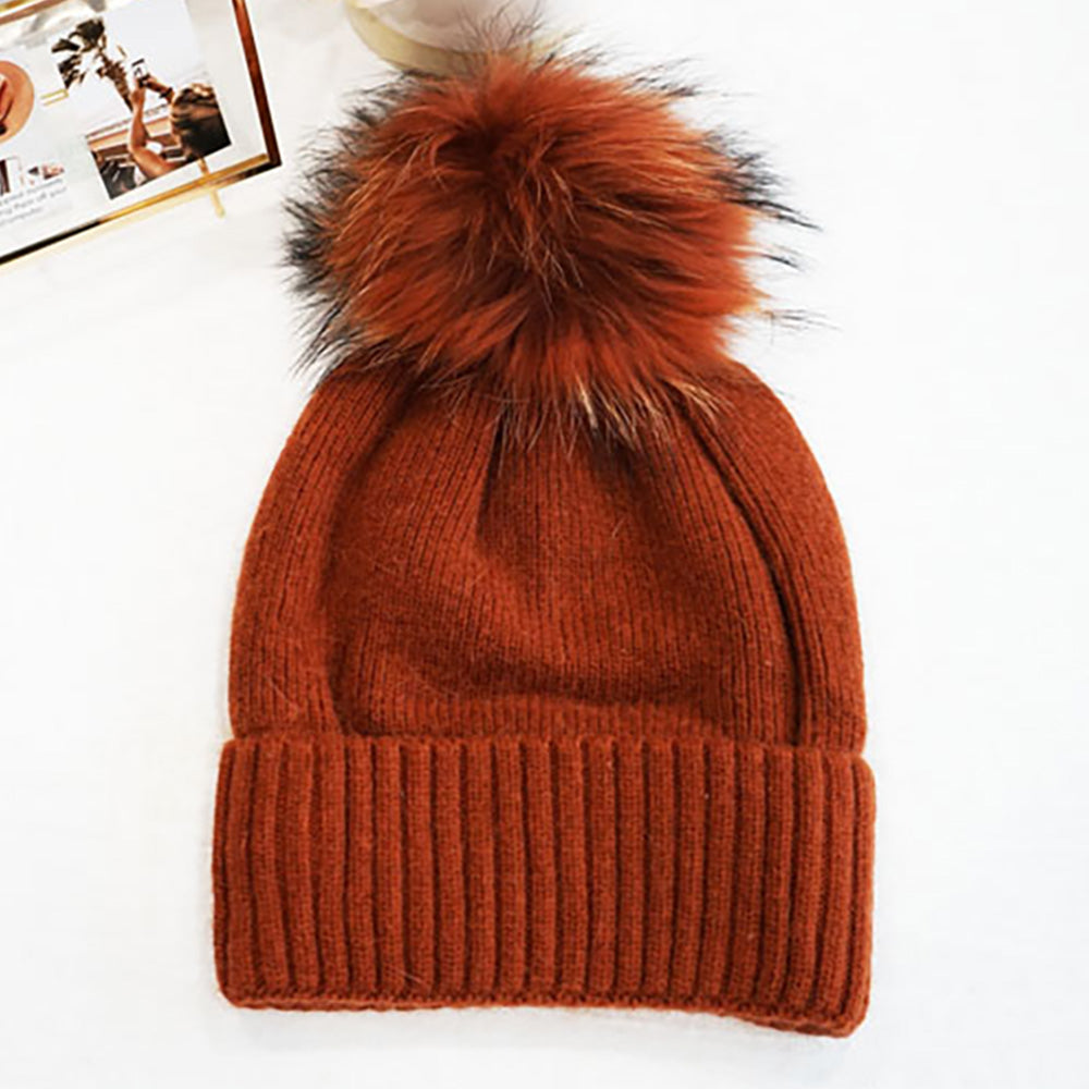 HATEGORY Fox Fur Pom Slouchy Knit Winter Beanie Hat