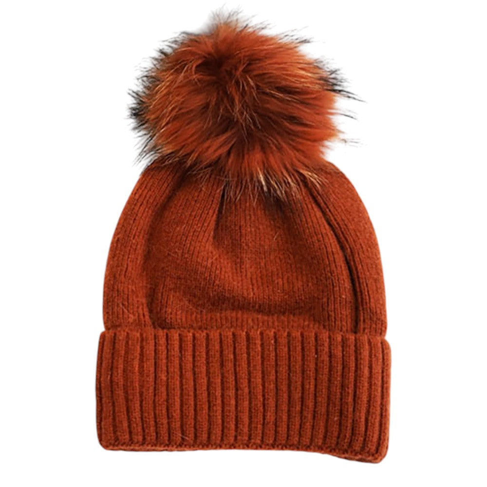 HATEGORY Fox Fur Pom Slouchy Knit Winter Beanie Hat