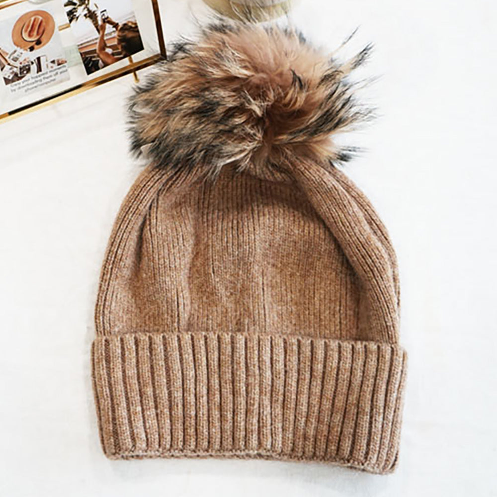 HATEGORY Fox Fur Pom Slouchy Knit Winter Beanie Hat