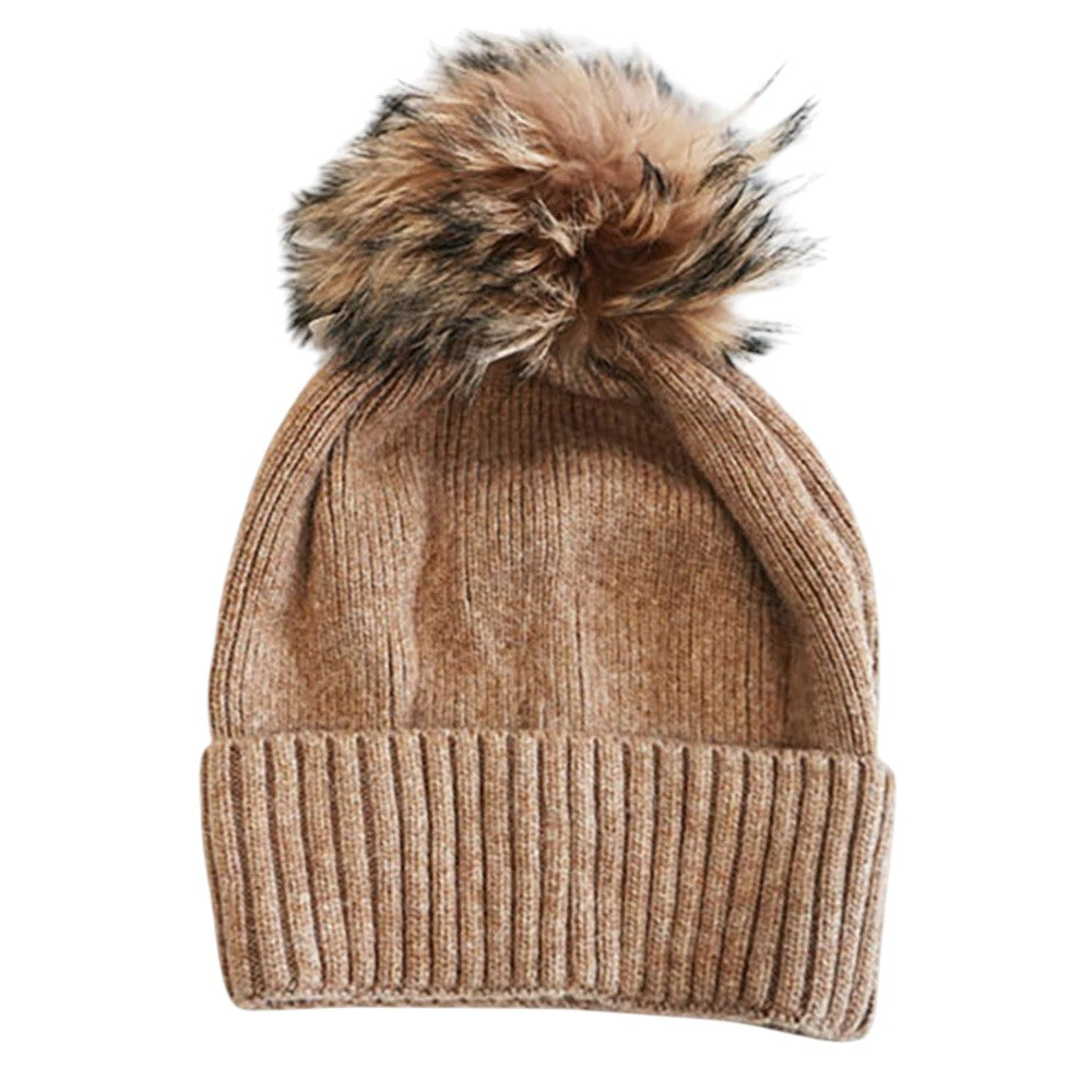 HATEGORY Fox Fur Pom Slouchy Knit Winter Beanie Hat