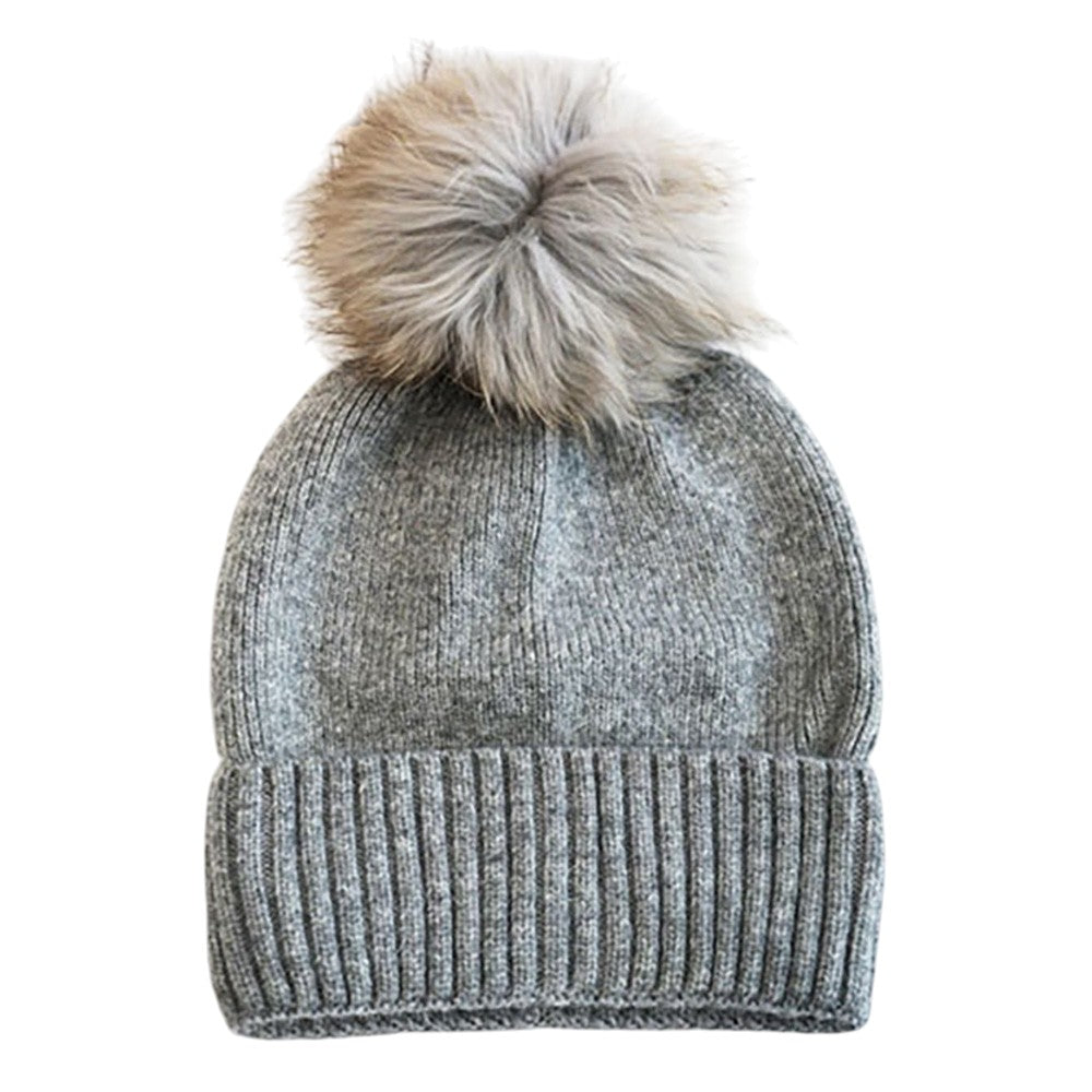 HATEGORY Fox Fur Pom Slouchy Knit Winter Beanie Hat