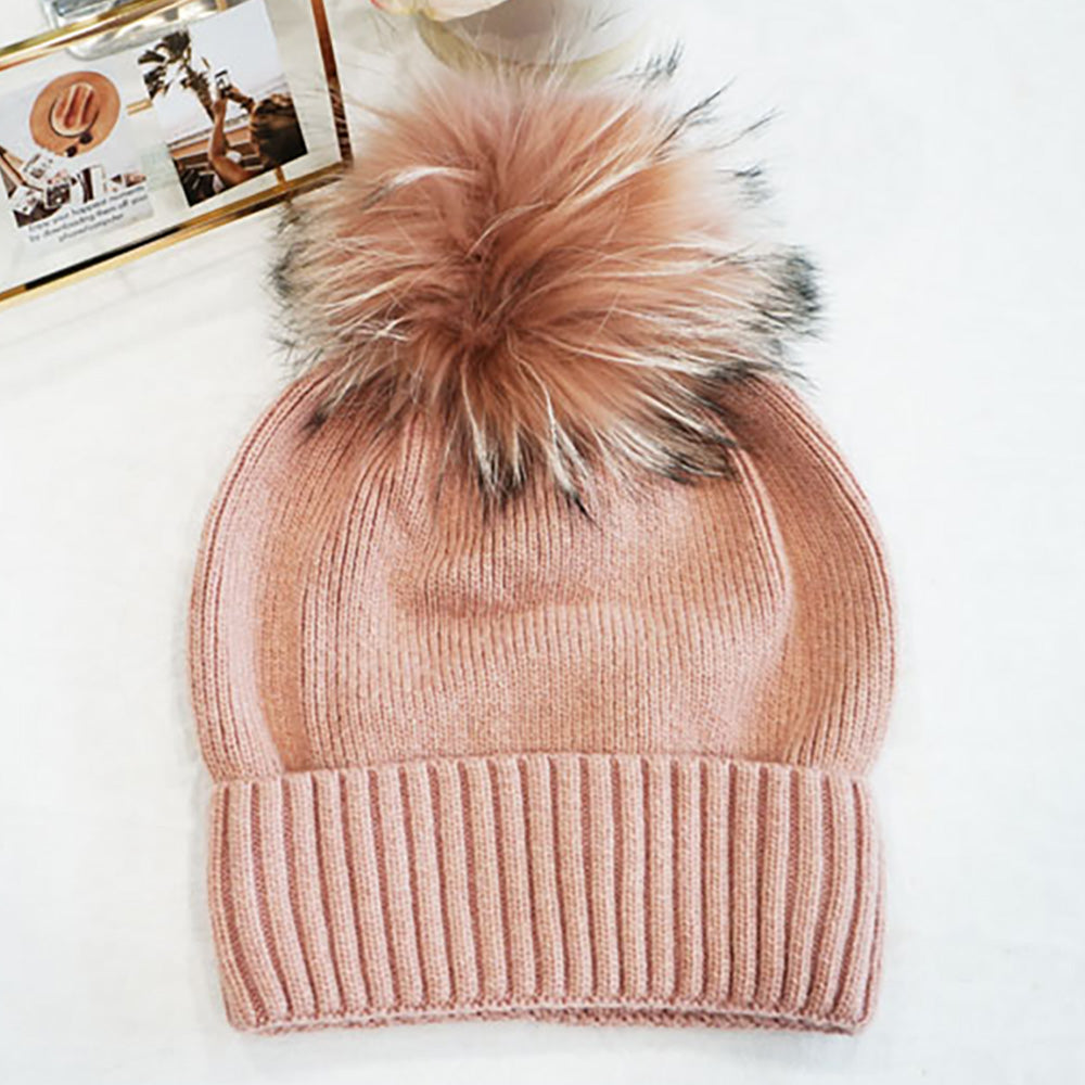 HATEGORY Fox Fur Pom Slouchy Knit Winter Beanie Hat