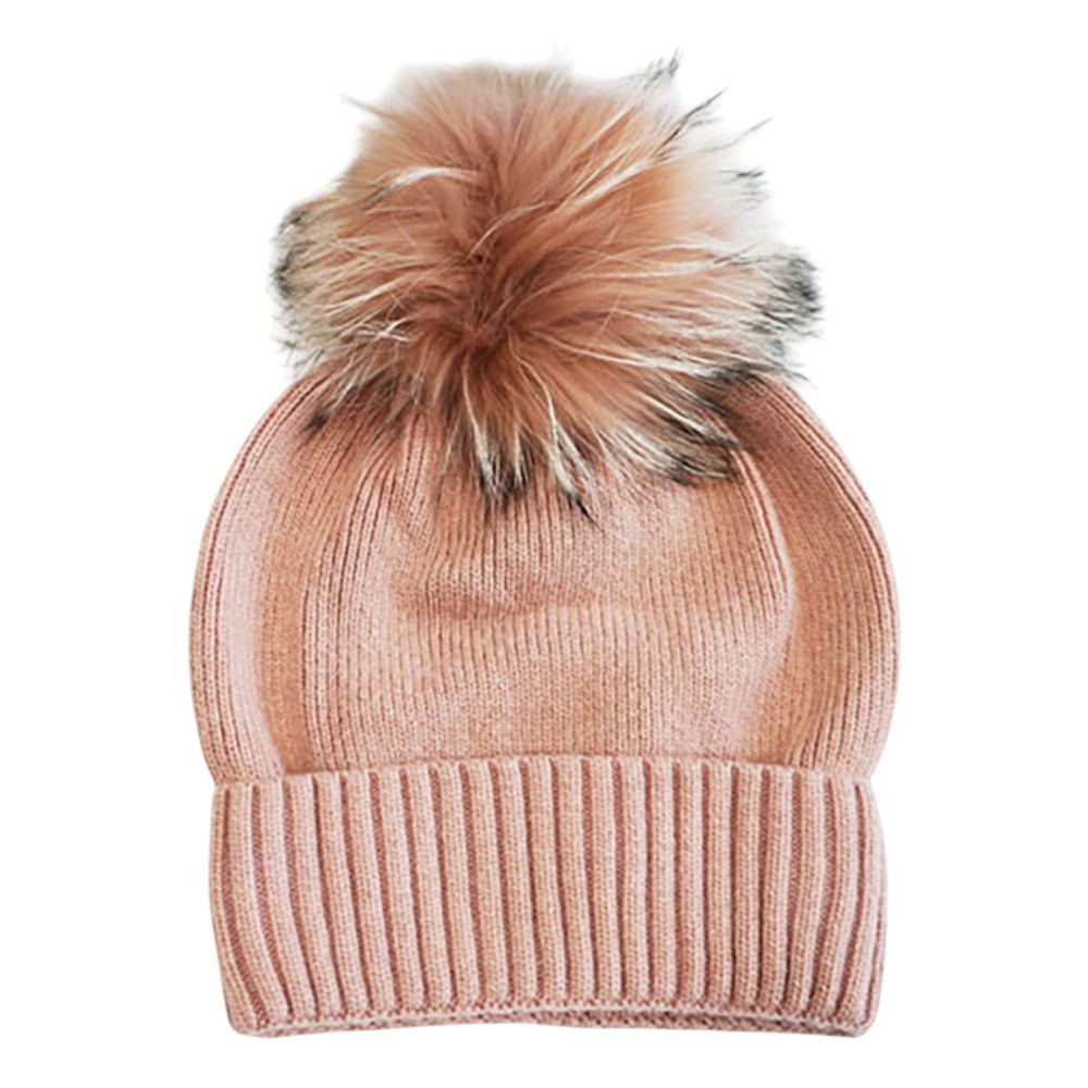 HATEGORY Fox Fur Pom Slouchy Knit Winter Beanie Hat