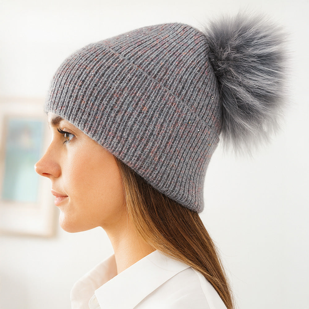 HATEGORY Faux Fur Pom Sparkly Ribbed Knit Winter Beanie Hat