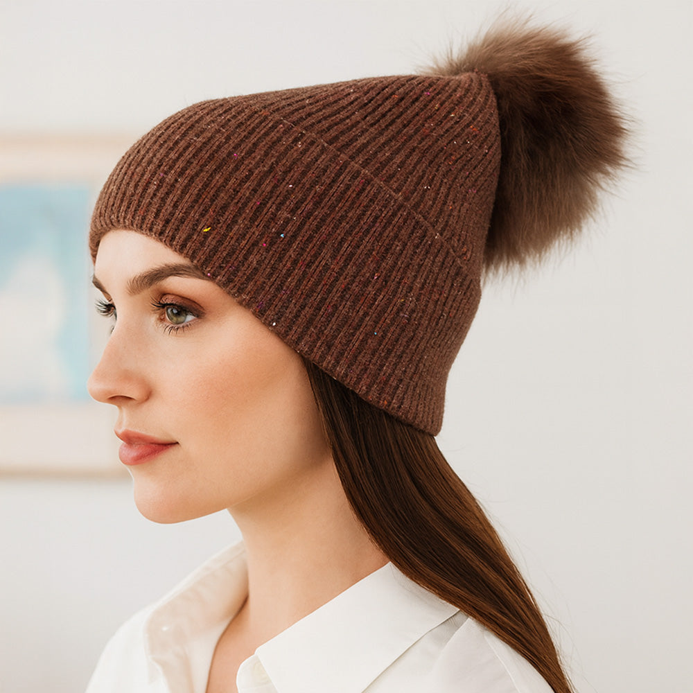 HATEGORY Faux Fur Pom Sparkly Ribbed Knit Winter Beanie Hat