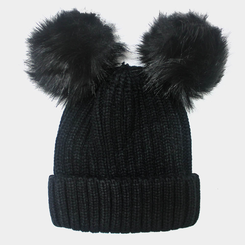 HATEGORY Double Pom Pom Knit Beanie Hat