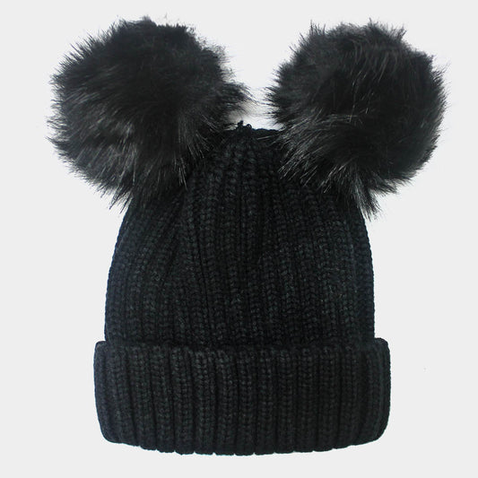 HATEGORY Double Pom Pom Knit Beanie Hat