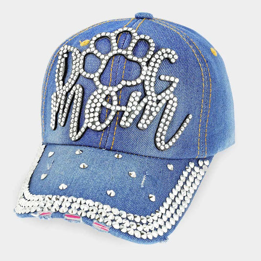 HATEGORY Studded DOG mom Message Denim Baseball Cap