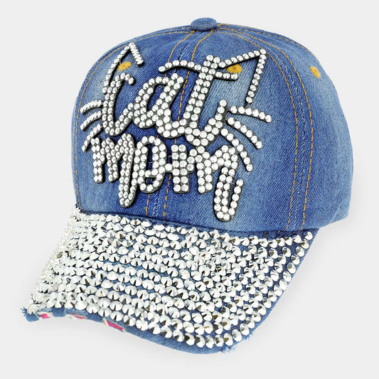 HATEGORY Studded cat mom Message Denim Baseball Cap