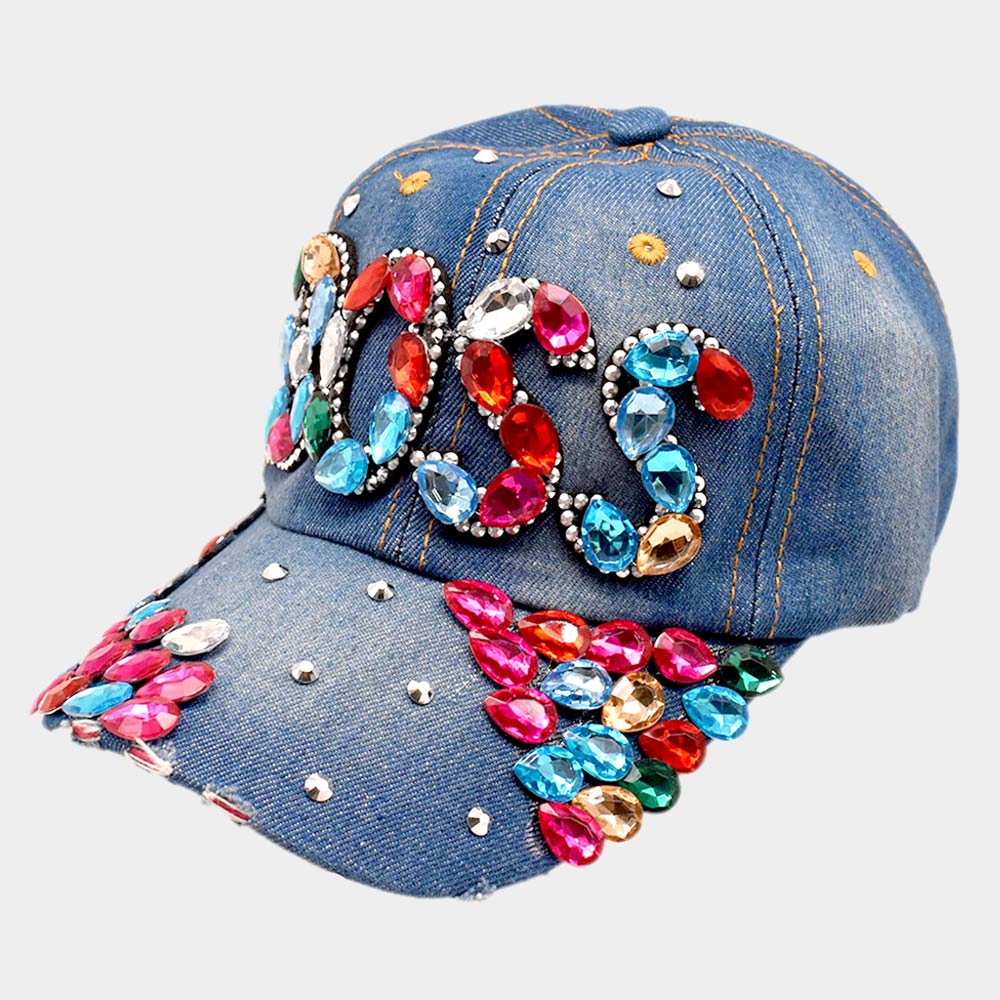 HATEGORY Teardrop Stone Embellished BOSS Message Denim Baseball Cap