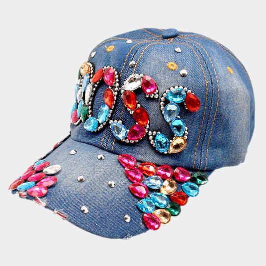 HATEGORY Teardrop Stone Embellished BOSS Message Denim Baseball Cap