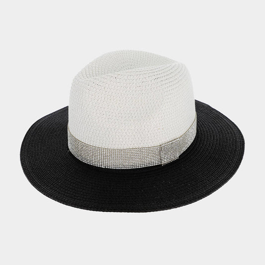 HATEGORY Bling Band Pointed Two Tone Straw Panama Sun Hat