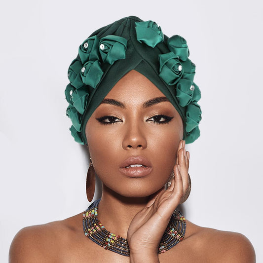 HATEGORY Stone Embellished Floral Pleated Turban Beanie Hat