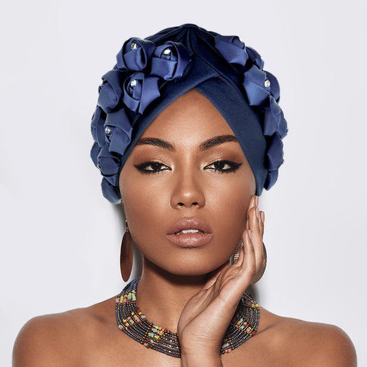 HATEGORY Stone Embellished Floral Pleated Turban Beanie Hat