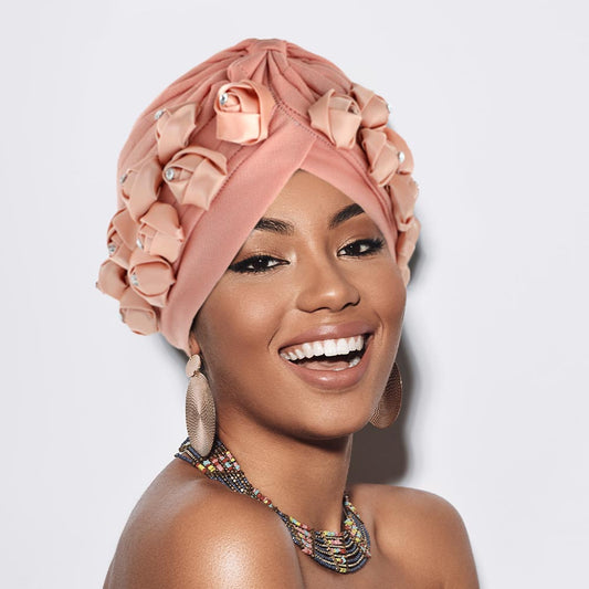 HATEGORY Stone Embellished Floral Pleated Turban Beanie Hat
