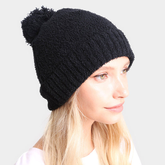 HATEGORY Soft Solid Knit Pom Pom Beanie Hat