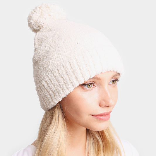 HATEGORY Soft Solid Knit Pom Pom Beanie Hat