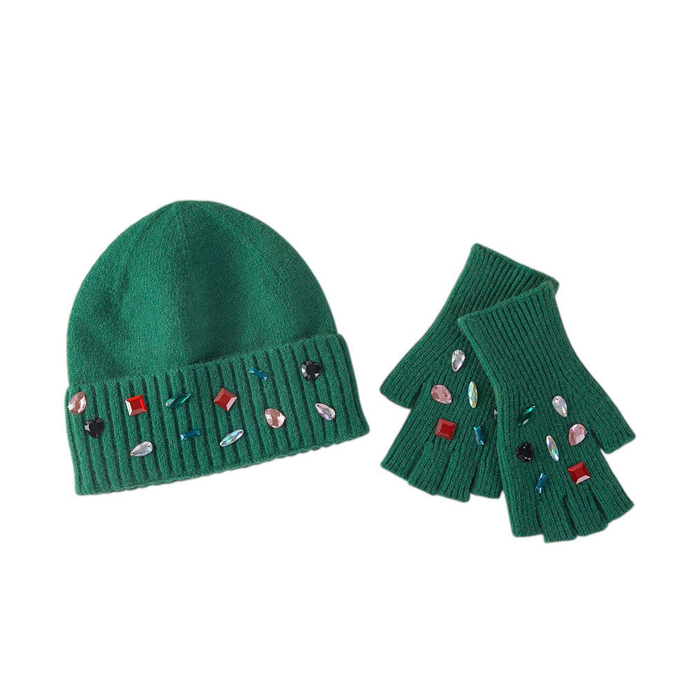 HATEGORY Various Shaped Stone Cluster Embellished Knit Beanie Hat Gloves Set