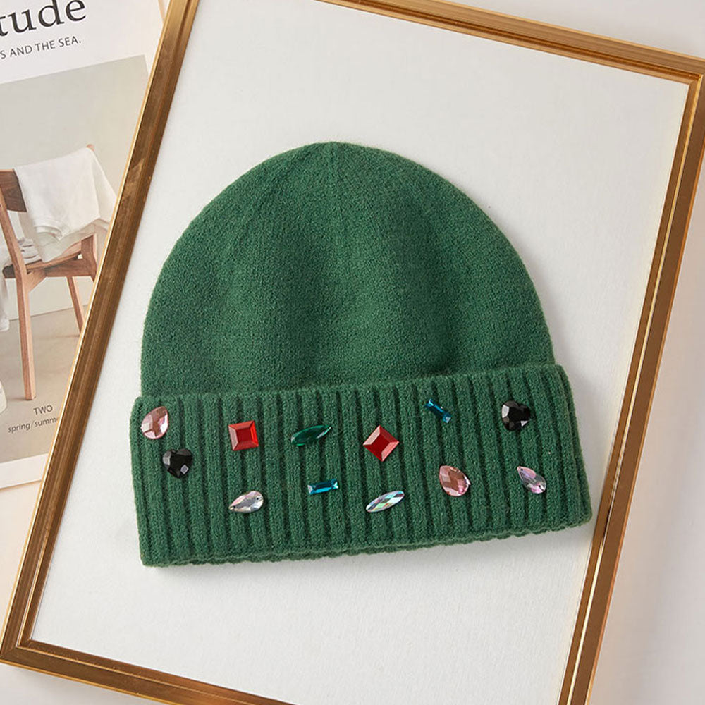 HATEGORY Various Shaped Stone Cluster Embellished Knit Beanie Hat Gloves Set