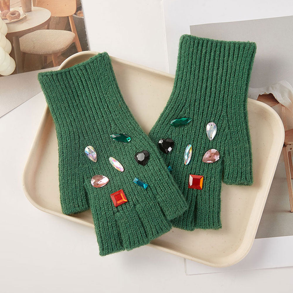 HATEGORY Various Shaped Stone Cluster Embellished Knit Beanie Hat Gloves Set