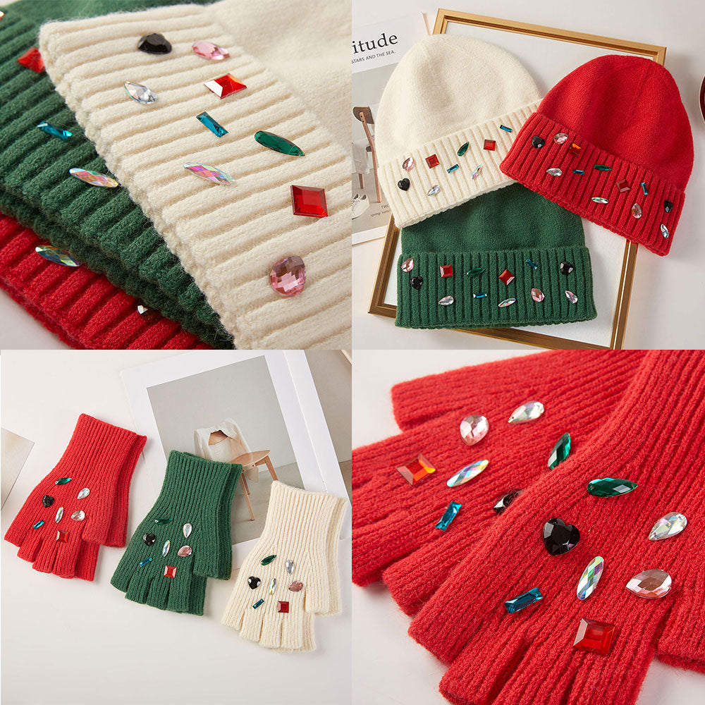 HATEGORY Various Shaped Stone Cluster Embellished Knit Beanie Hat Gloves Set