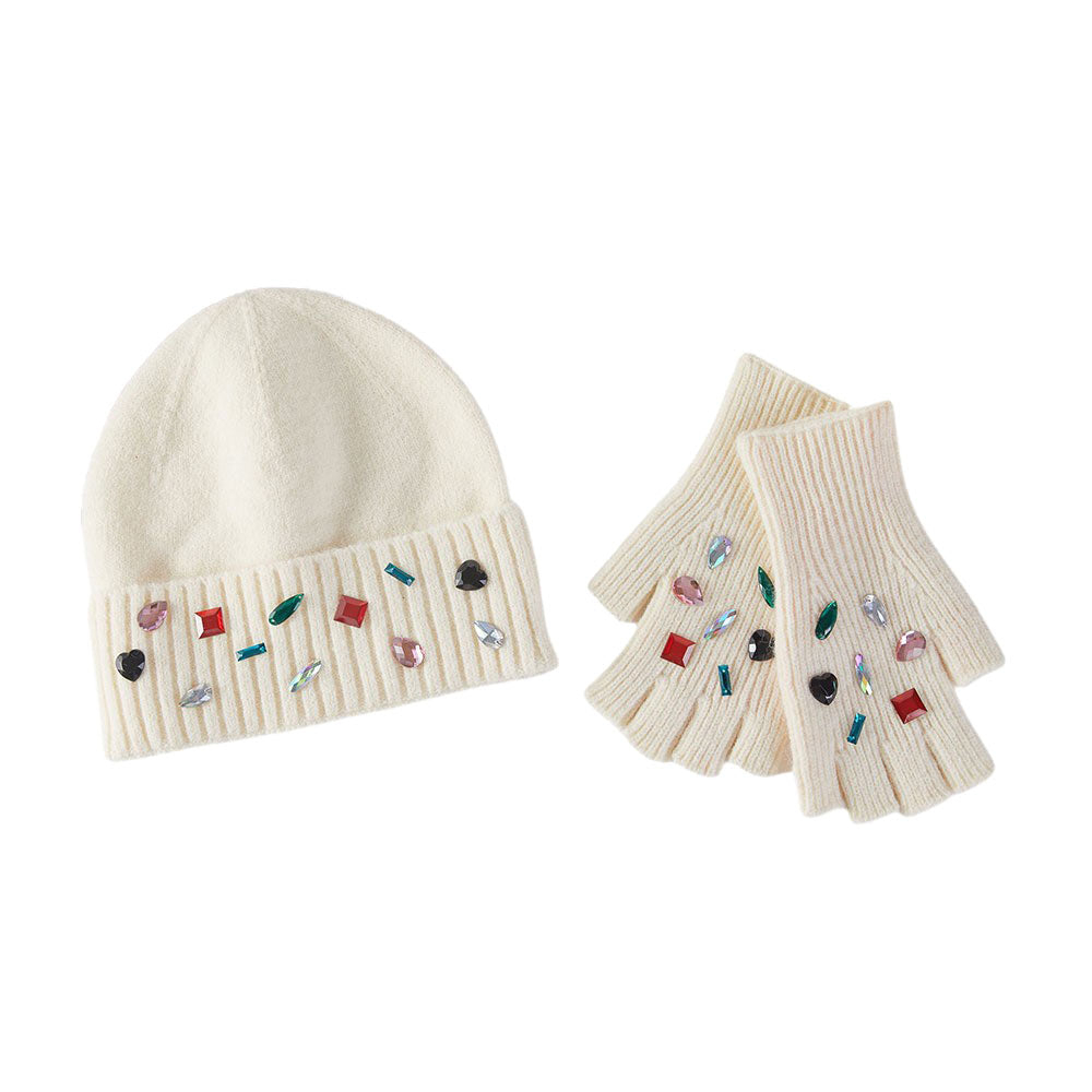 HATEGORY Various Shaped Stone Cluster Embellished Knit Beanie Hat Gloves Set