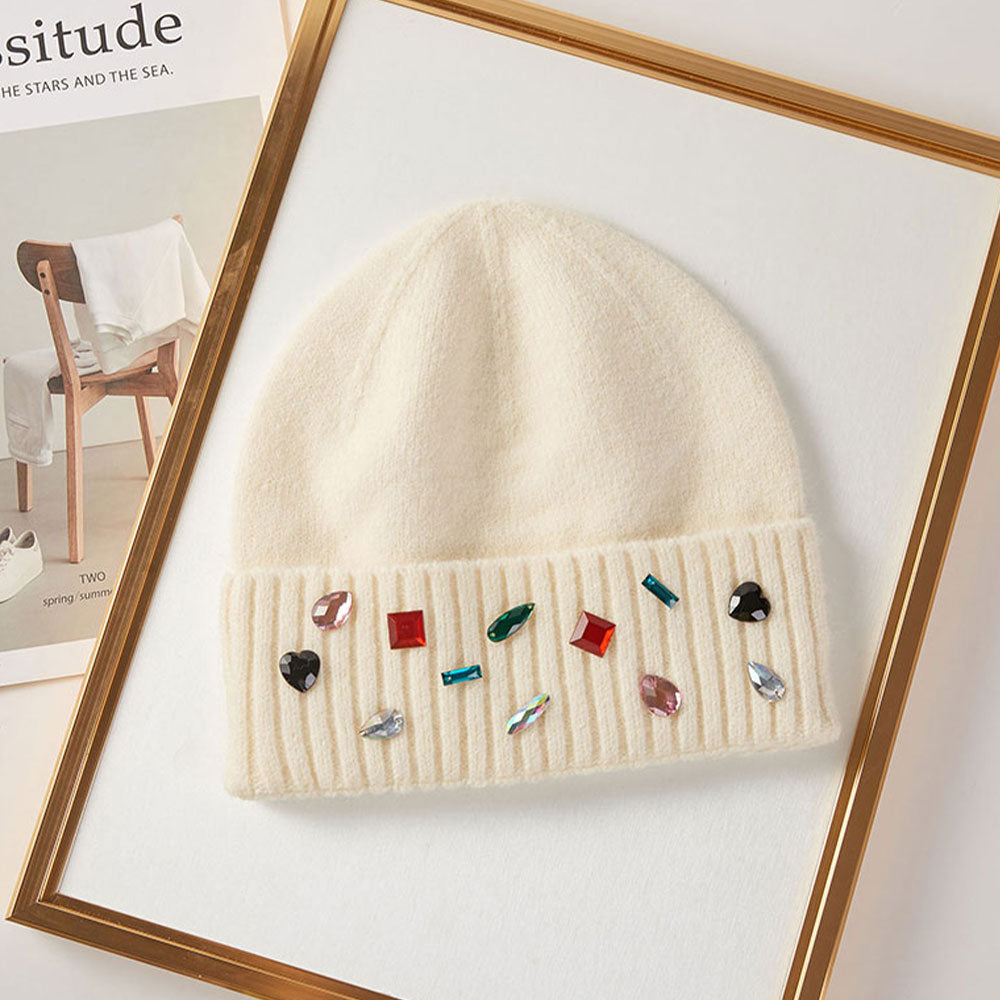 HATEGORY Various Shaped Stone Cluster Embellished Knit Beanie Hat Gloves Set