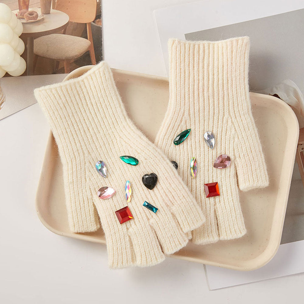HATEGORY Various Shaped Stone Cluster Embellished Knit Beanie Hat Gloves Set