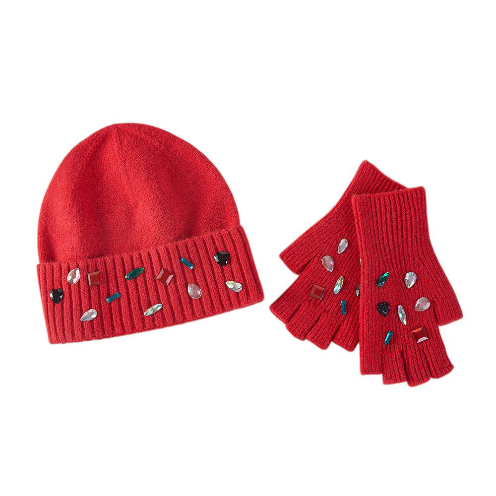 HATEGORY Various Shaped Stone Cluster Embellished Knit Beanie Hat Gloves Set