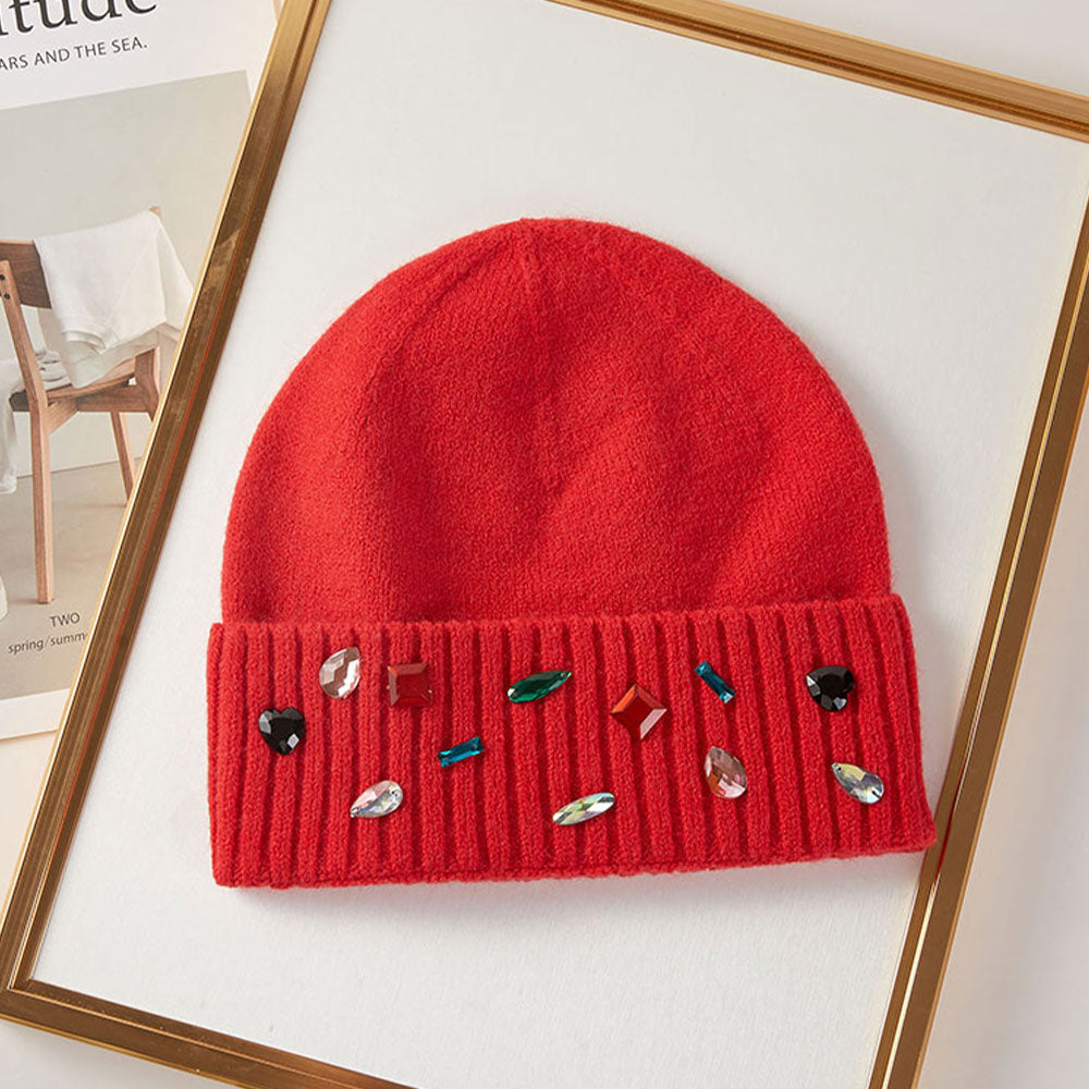 HATEGORY Various Shaped Stone Cluster Embellished Knit Beanie Hat Gloves Set