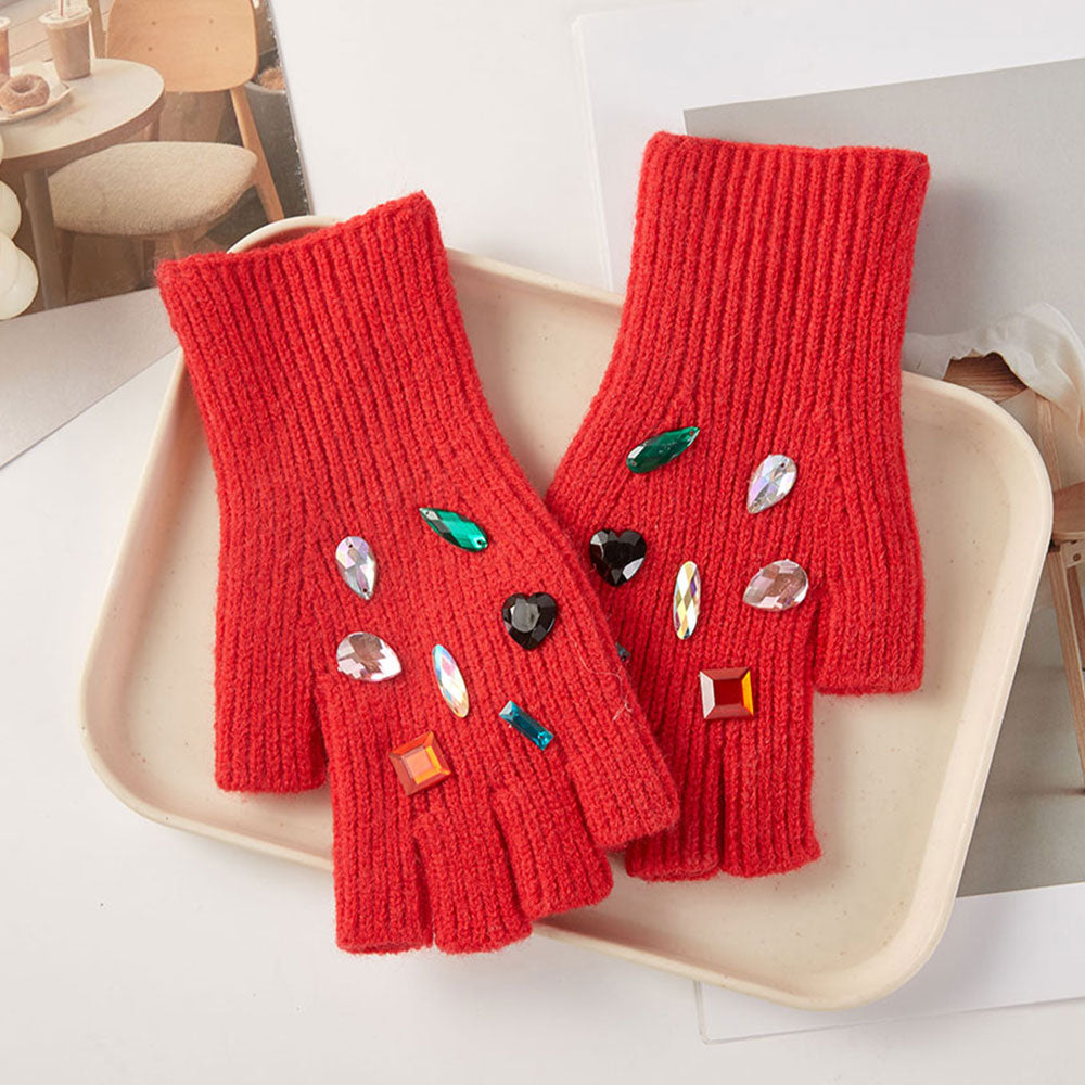 HATEGORY Various Shaped Stone Cluster Embellished Knit Beanie Hat Gloves Set