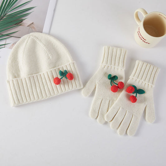 HATEGORY Cozy Cherry Accent Winter Beanie Gloves Set