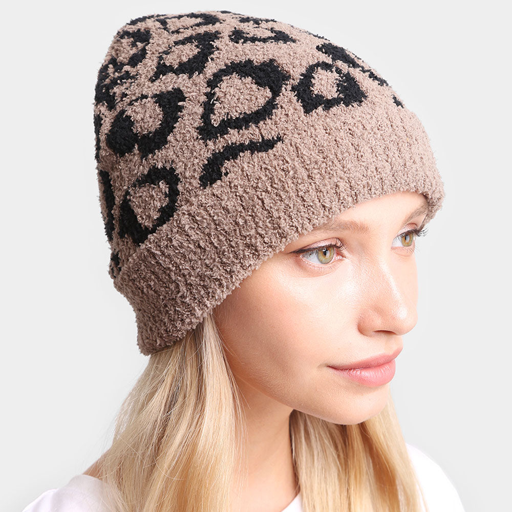 HATEGORY Leopard Patterned Soft Knit Beanie Hat