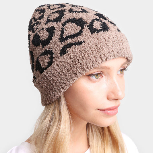 HATEGORY Leopard Patterned Soft Knit Beanie Hat