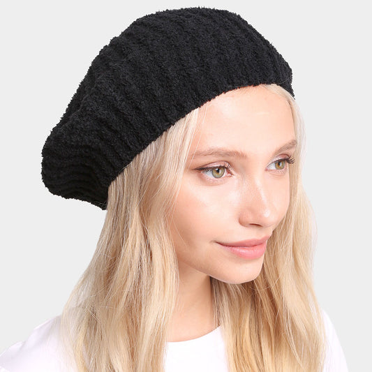 HATEGORY Solid Color Soft Ribbed Beret Hat