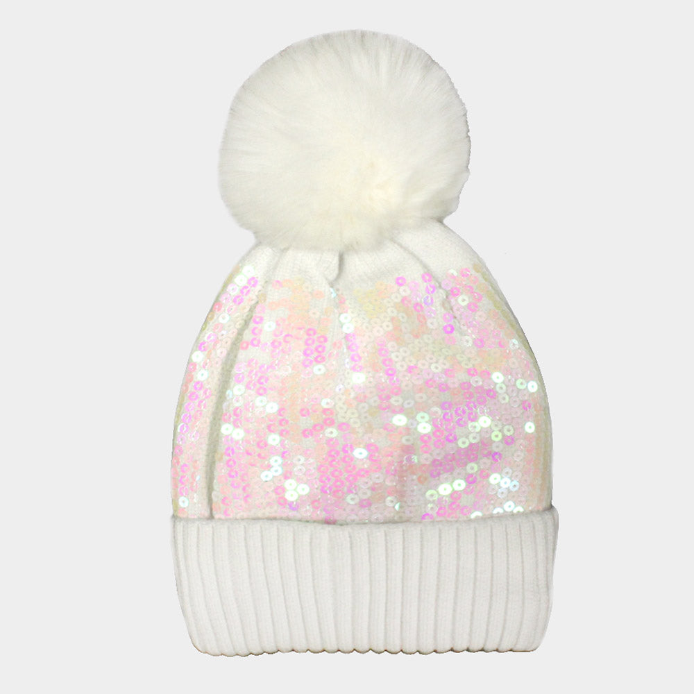 HATEGORY Sequin Embellished Pom Pom Beanie Hat