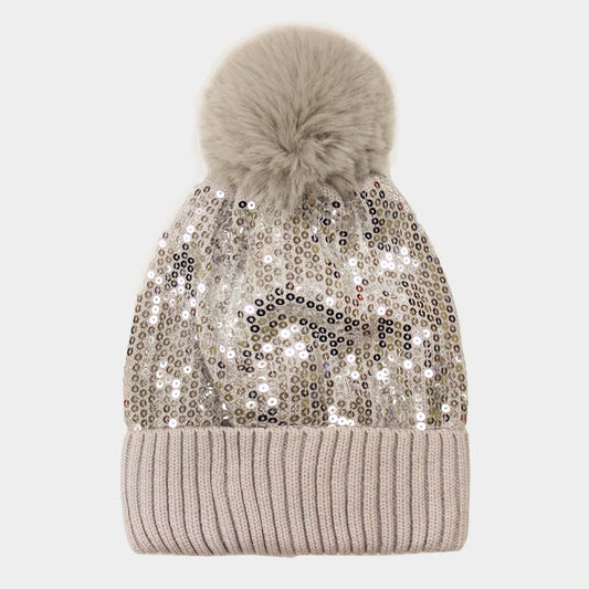 HATEGORY Sequin Embellished Pom Pom Beanie Hat