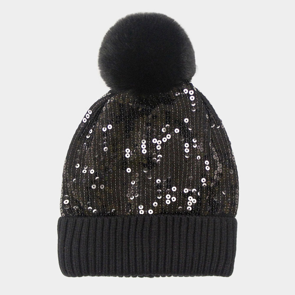 HATEGORY Sequin Embellished Pom Pom Beanie Hat