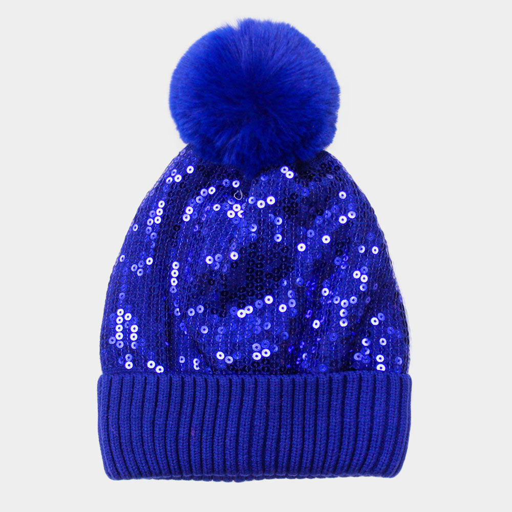 HATEGORY Sequin Embellished Pom Pom Beanie Hat