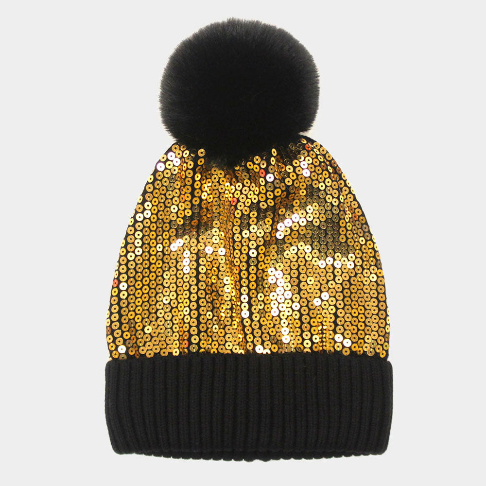 HATEGORY Sequin Embellished Pom Pom Beanie Hat
