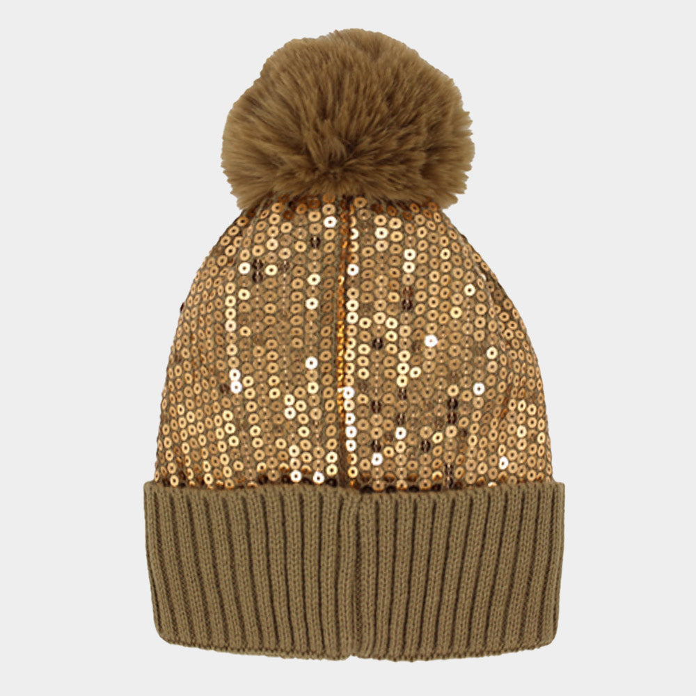 HATEGORY Sequin Embellished Pom Pom Beanie Hat