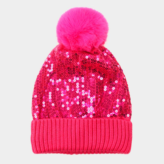 HATEGORY Sequin Embellished Pom Pom Beanie Hat