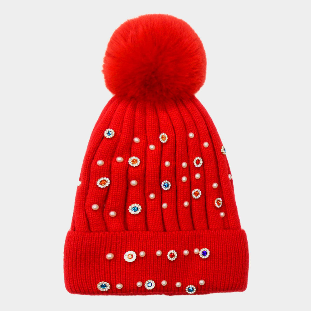 HATEGORY Pearl Stone Embellished Detail Pom Pom Beanie Hat