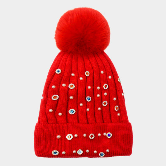 HATEGORY Pearl Stone Embellished Detail Pom Pom Beanie Hat