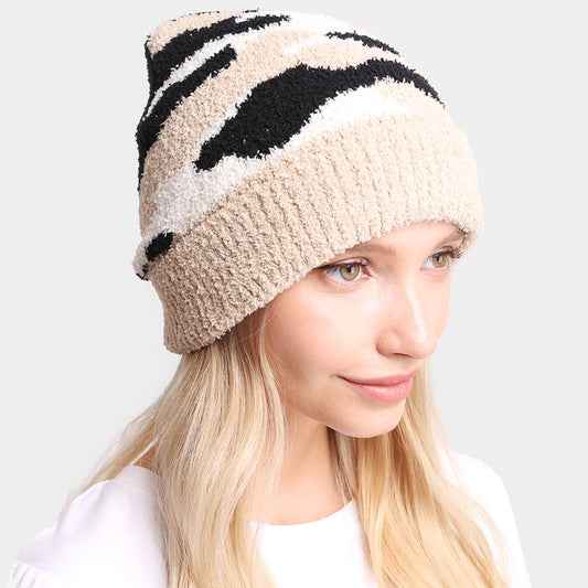 HATEGORY Camouflage Patterned Ribbed Trim Soft Beanie Hat