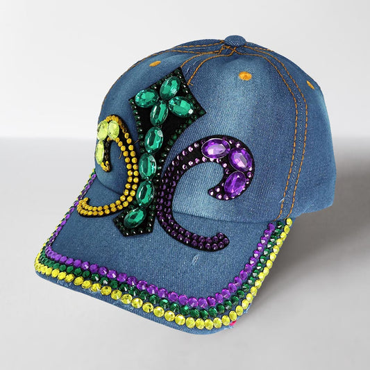 HATEGORY Bling Studded Mardi Gras Fleur de Lis Baseball Cap