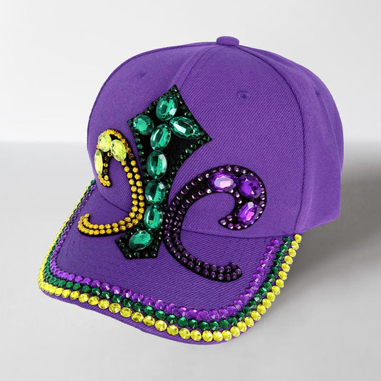 HATEGORY Bling Studded Mardi Gras Fleur de Lis Baseball Cap