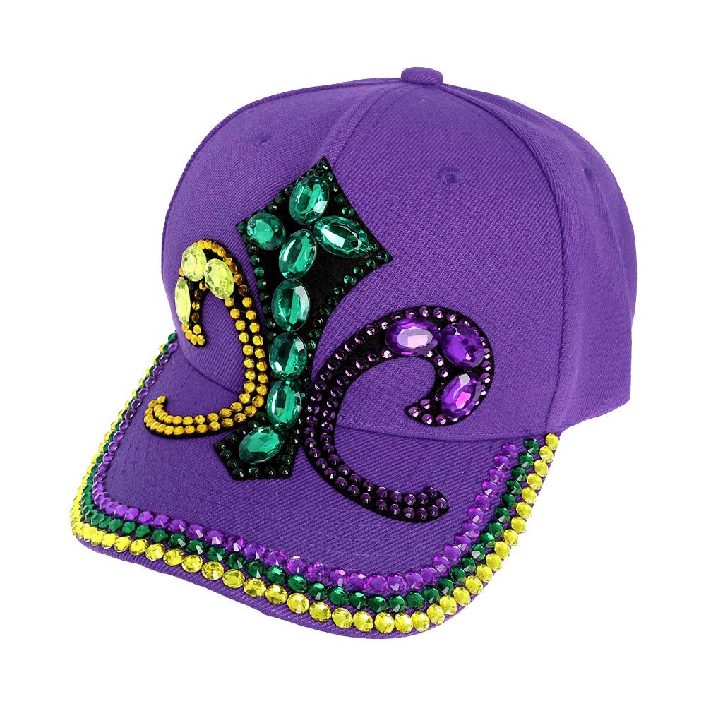 HATEGORY Bling Studded Mardi Gras Fleur de Lis Baseball Cap