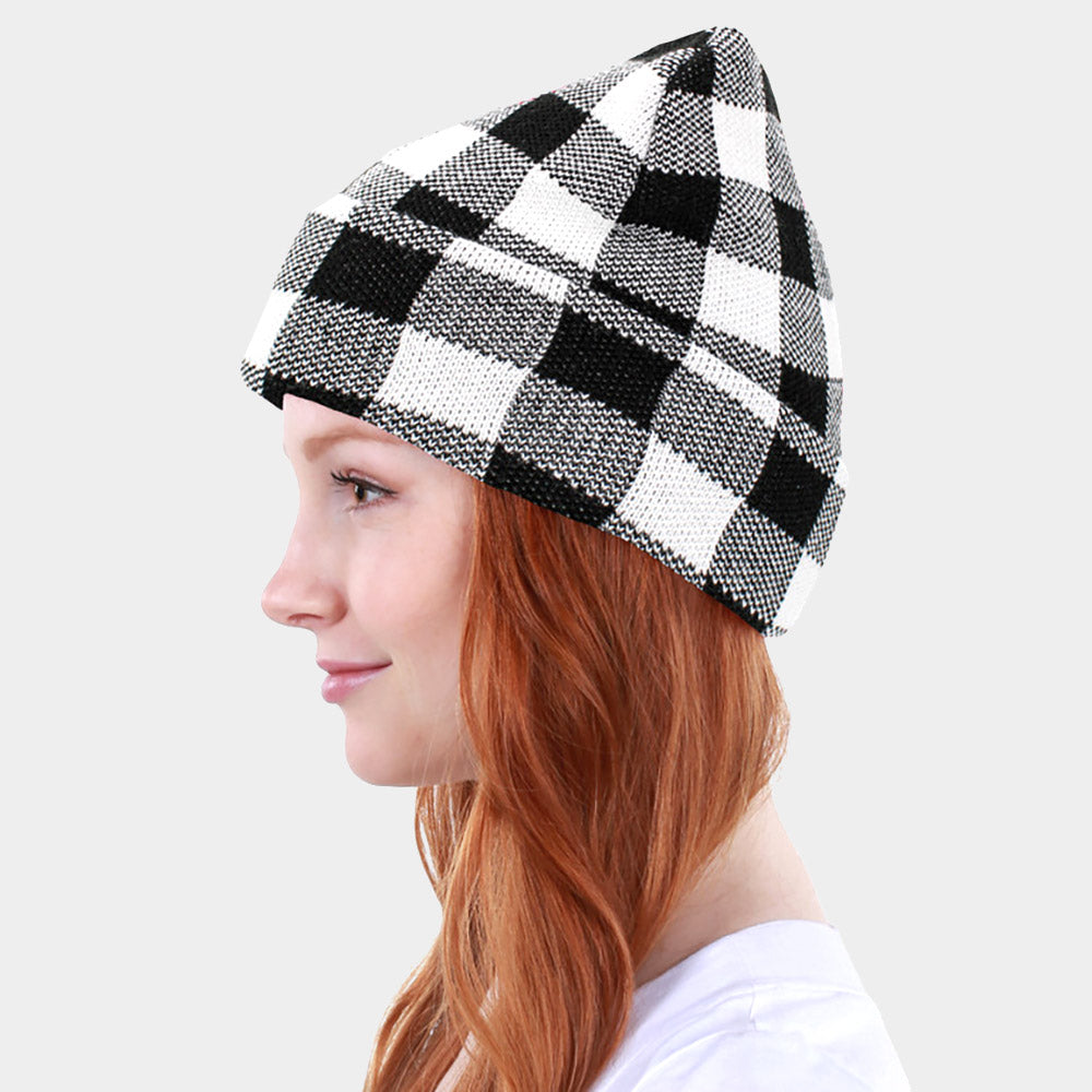 HATEGORY Buffalo Check Patterned Knit Beanie Hat