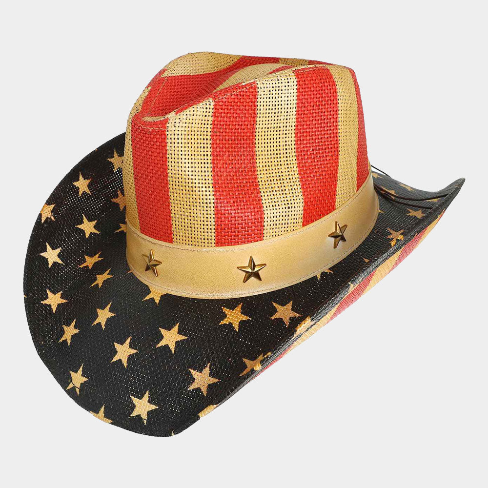 HATEGORY Star Stud Band Pointed American USA Flag Printed Cowboy Fedora Hat